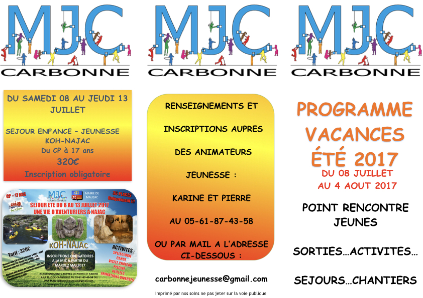Programme des activités de l'été 2017 avec la MJC de Carbonne.